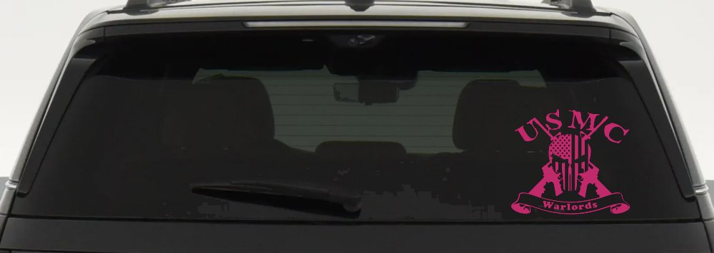 USMC United States Marine Corps Warlords Punisher Skull US Flag Crossed AR15 Guns Military Car or Truck Window Vinyl Decal Sticker (Hot Pink)