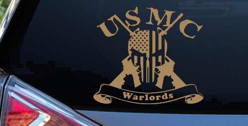USMC United States Marine Corps Warlords Punisher Skull US Flag Crossed AR15 Guns Military Car or Truck Window Decal Sticker (Light Brown)