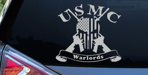 USMC United States Marine Corps Warlords Punisher Skull US Flag Crossed AR15 Guns Military Car or Truck Window Vinyl Decal Sticker (Light Gray)
