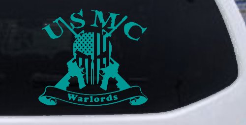 USMC United States Marine Corps Warlords Punisher Skull US Flag Crossed AR15 Guns Military Car or Truck Window Vinyl Decal Sticker (Turquoise)