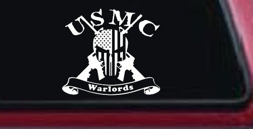 USMC United States Marine Corps Warlords Punisher Skull US Flag Crossed AR15 Guns Military Car or Truck Window Decal Sticker