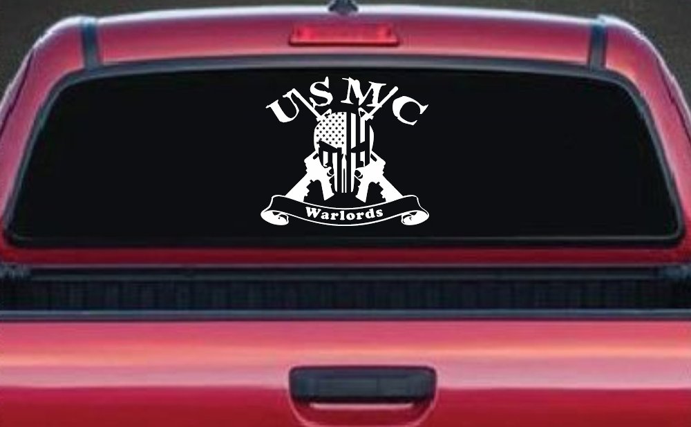 USMC United States Marine Corps Warlords Punisher Skull US Flag Crossed AR15 Guns Military Car or Truck Window Vinyl Decal Sticker (White)