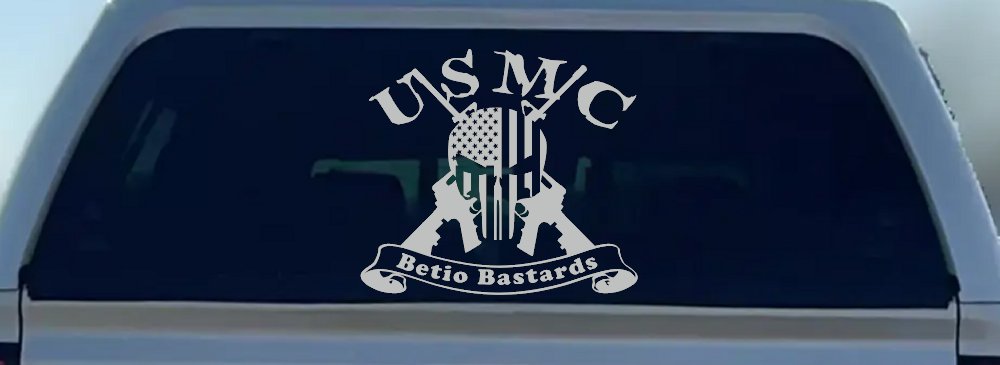 USMC United States Marine Corps Betio Bastards Punisher Skull US Flag Crossed AR15 Guns Military Car or Truck Window Decal Sticker
