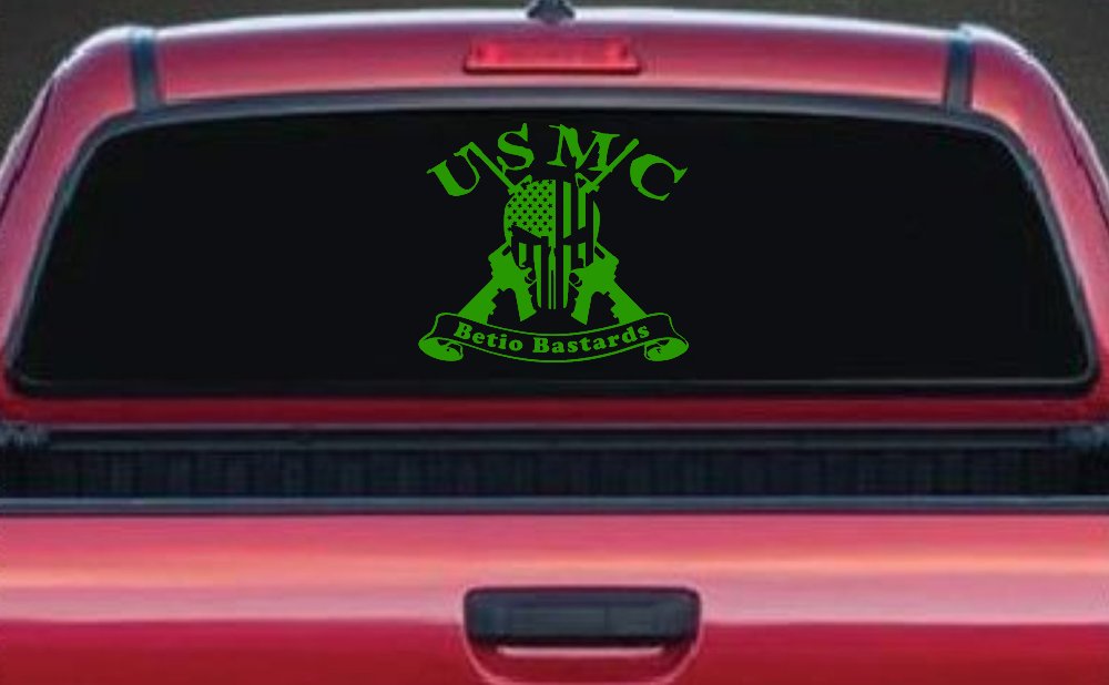 USMC United States Marine Corps Betio Bastards Punisher Skull US Flag Crossed AR15 Guns Military Car or Truck Window Decal Sticker