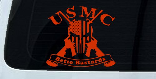 USMC United States Marine Corps Betio Bastards Punisher Skull US Flag Crossed AR15 Guns Military Car or Truck Window Decal Sticker (Orange Red)