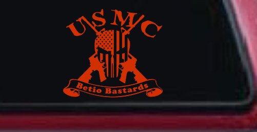 USMC United States Marine Corps Betio Bastards Punisher Skull US Flag Crossed AR15 Guns Military Car or Truck Window Decal Sticker (Orange Red)