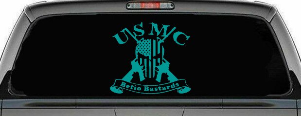 USMC United States Marine Corps Betio Bastards Punisher Skull US Flag Crossed AR15 Guns Military Car or Truck Window Decal Sticker (Turquoise)