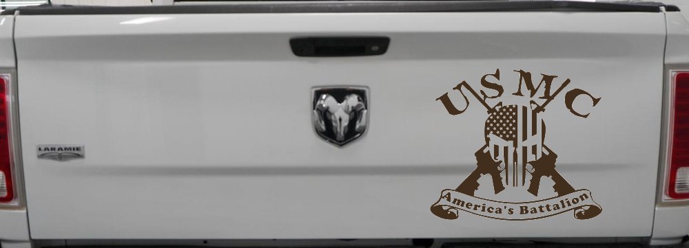 USMC United States Marine Corps Americas Battalion Punisher Skull US Flag Crossed AR15 Guns Military Car or Truck Window Vinyl Decal Sticker (Brown)