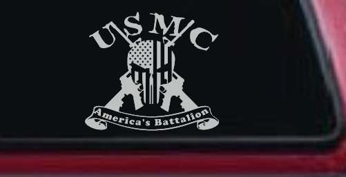USMC United States Marine Corps Americas Battalion Punisher Skull US Flag Crossed AR15 Guns Military Car or Truck Window Decal Sticker