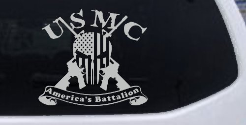 USMC United States Marine Corps Americas Battalion Punisher Skull US Flag Crossed AR15 Guns Military Car or Truck Window Vinyl Decal Sticker (Light Gray)