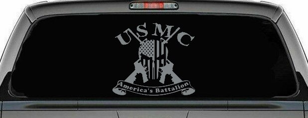 USMC United States Marine Corps Americas Battalion Punisher Skull US Flag Crossed AR15 Guns Military Car or Truck Window Decal Sticker