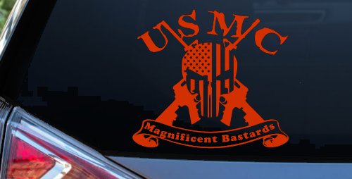 USMC United States Marine Corps Magnificent Bastards Punisher Skull US Flag Crossed AR15 Guns Military Car or Truck Window Decal Sticker (Orange Red)