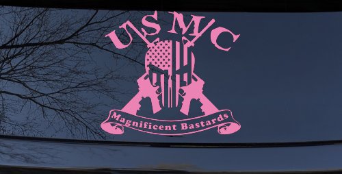 USMC United States Marine Corps Magnificent Bastards Punisher Skull US Flag Crossed AR15 Guns Military Car or Truck Window Vinyl Decal Sticker (Pink)