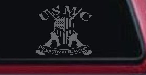 USMC United States Marine Corps Magnificent Bastards Punisher Skull US Flag Crossed AR15 Guns Military Car or Truck Window Decal Sticker (Silver)