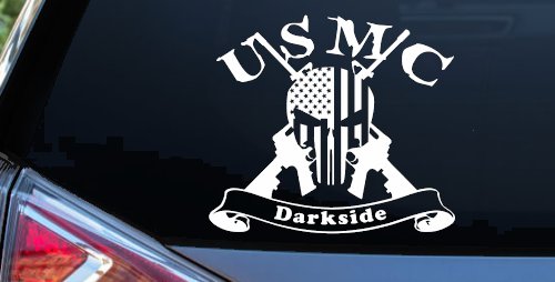 USMC United States Marine Corps Darkside Punisher Skull US Flag Crossed AR15 Guns Military Car or Truck Window Vinyl Decal Sticker (White)