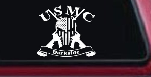 USMC United States Marine Corps Darkside Punisher Skull US Flag Crossed AR15 Guns Military Car or Truck Window Vinyl Decal Sticker (White)