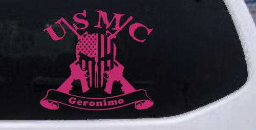 USMC United States Marine Corps Geronimo Punisher Skull US Flag Crossed AR15 Guns Military Car or Truck Window Vinyl Decal Sticker (Hot Pink)