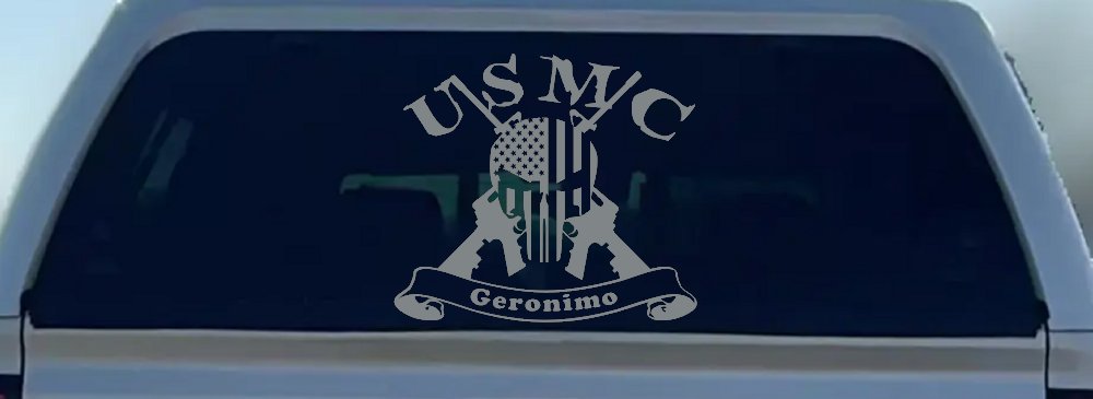 USMC United States Marine Corps Geronimo Punisher Skull US Flag Crossed AR15 Guns Military Car or Truck Window Decal Sticker (Telegrey)