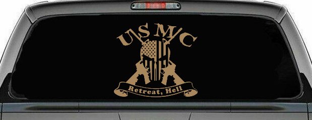 USMC United States Marine Corps Retreat Hell Punisher Skull US Flag Crossed AR15 Guns Military Car or Truck Window Vinyl Decal Sticker (Light Brown)