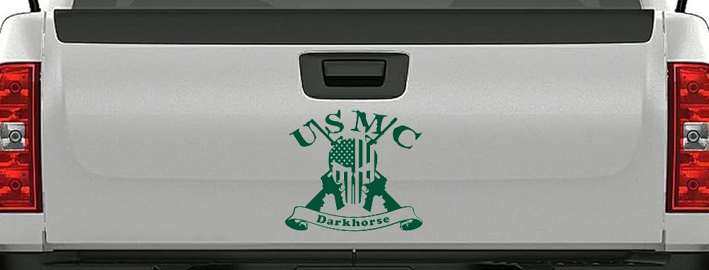 USMC United States Marine Corps Darkhorse Punisher Skull US Flag Crossed AR15 Guns Military Car or Truck Window Decal Sticker (Dark Green)