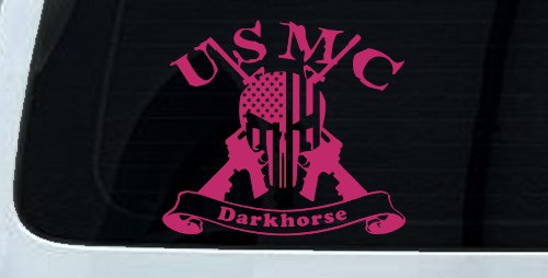 USMC United States Marine Corps Darkhorse Punisher Skull US Flag Crossed AR15 Guns Military Car or Truck Window Decal Sticker (Hot Pink)