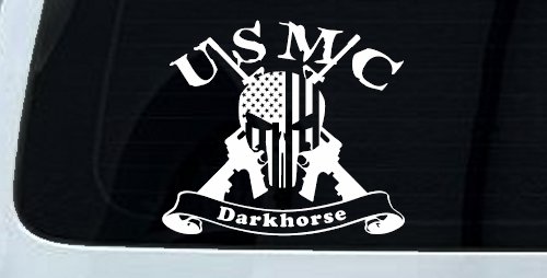 USMC United States Marine Corps Darkhorse Punisher Skull US Flag Crossed AR15 Guns Military Car or Truck Window Decal Sticker