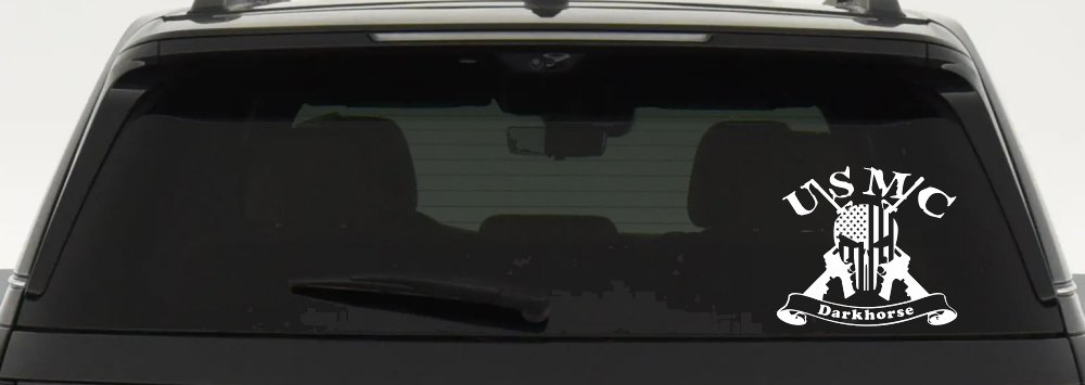 USMC United States Marine Corps Darkhorse Punisher Skull US Flag Crossed AR15 Guns Military Car or Truck Window Decal Sticker