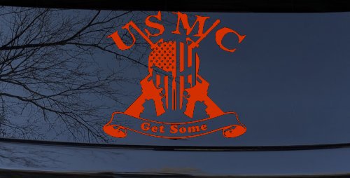 USMC United States Marine Corps Get Some Punisher Skull US Flag Crossed AR15 Guns Military Car or Truck Window Decal Sticker (Orange Red)