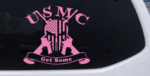 USMC United States Marine Corps Get Some Punisher Skull US Flag Crossed AR15 Guns Military Car or Truck Window Vinyl Decal Sticker (Pink)