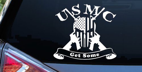 USMC United States Marine Corps Get Some Punisher Skull US Flag Crossed AR15 Guns Military Car or Truck Window Vinyl Decal Sticker (White)