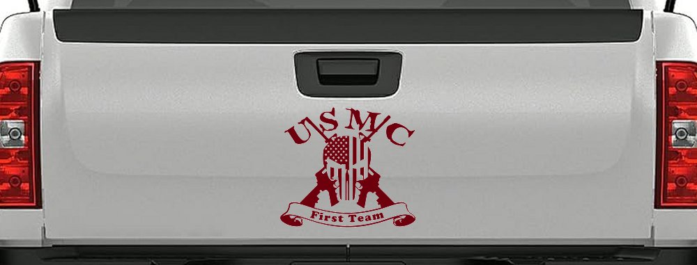 USMC United States Marine Corps First Team Punisher Skull US Flag Crossed AR15 Guns Military Car or Truck Window Decal Sticker