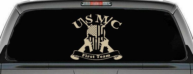 USMC United States Marine Corps First Team Punisher Skull US Flag Crossed AR15 Guns Military Car or Truck Window Decal Sticker (Desert Sand)