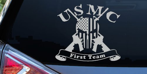 USMC United States Marine Corps First Team Punisher Skull US Flag Crossed AR15 Guns Military Car or Truck Window Vinyl Decal Sticker (Light Gray)