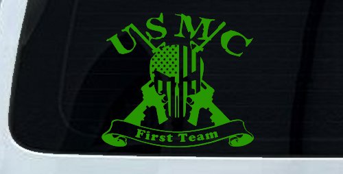 USMC United States Marine Corps First Team Punisher Skull US Flag Crossed AR15 Guns Military Car or Truck Window Decal Sticker (Lime)