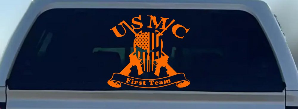 USMC United States Marine Corps First Team Punisher Skull US Flag Crossed AR15 Guns Military Car or Truck Window Decal Sticker