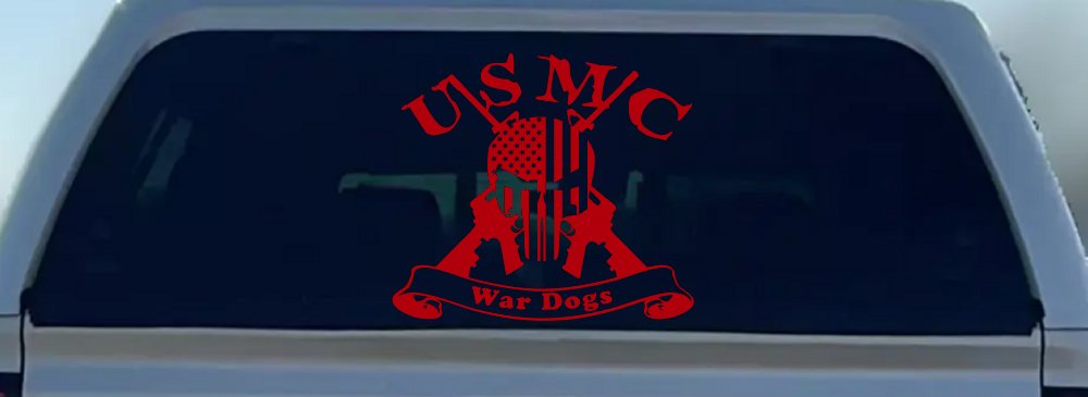 USMC United States Marine Corps War Dogs Punisher Skull US Flag Crossed AR15 Guns Military Car or Truck Window Vinyl Decal Sticker (Red)