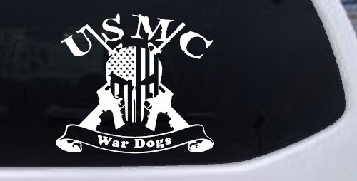USMC United States Marine Corps War Dogs Punisher Skull US Flag Crossed AR15 Guns Military Car or Truck Window Vinyl Decal Sticker (White)