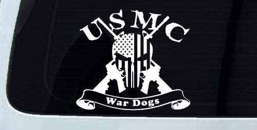 USMC United States Marine Corps War Dogs Punisher Skull US Flag Crossed AR15 Guns Military Car or Truck Window Vinyl Decal Sticker (White)
