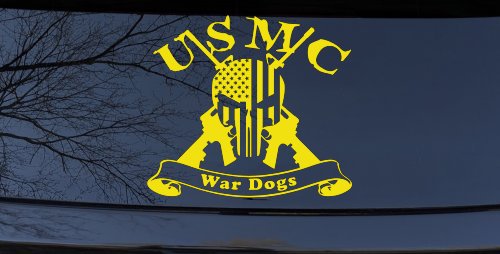 USMC United States Marine Corps War Dogs Punisher Skull US Flag Crossed AR15 Guns Military Car or Truck Window Vinyl Decal Sticker (Yellow)