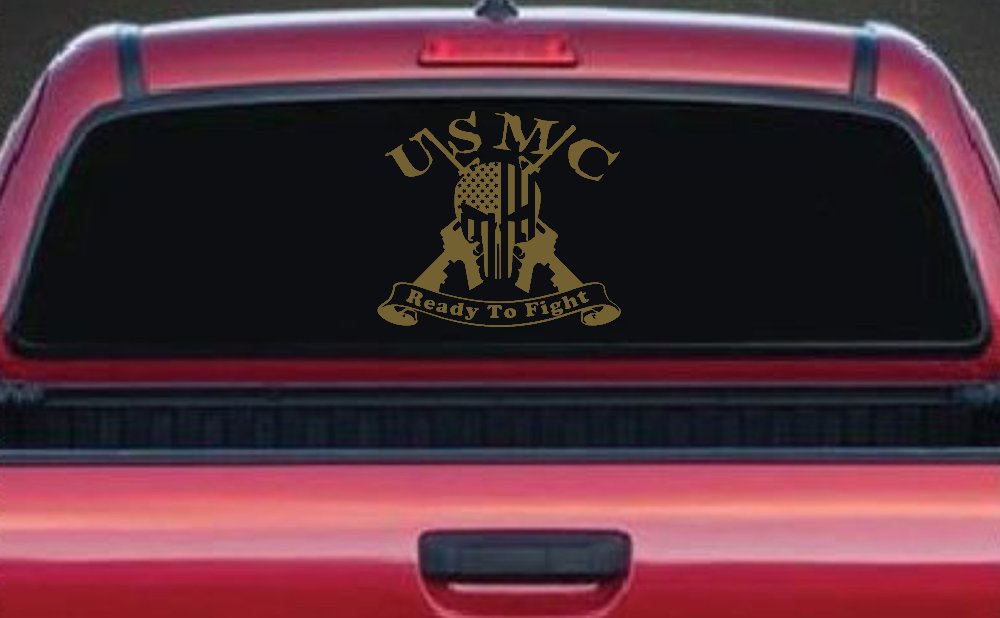 USMC United States Marine Corps Ready To Fight Punisher Skull US Flag Crossed AR15 Guns Military Car or Truck Window Decal Sticker (Gold)