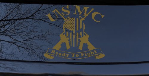 USMC United States Marine Corps Ready To Fight Punisher Skull US Flag Crossed AR15 Guns Military Car or Truck Window Decal Sticker (Gold)
