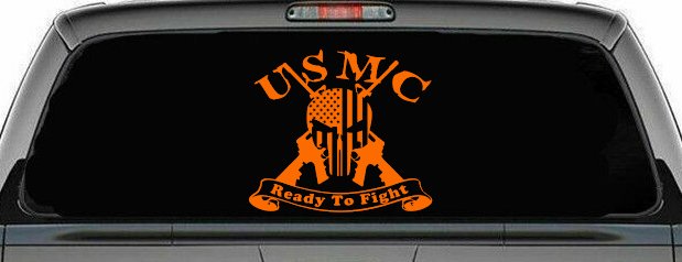 USMC United States Marine Corps Ready To Fight Punisher Skull US Flag Crossed AR15 Guns Military Car or Truck Window Decal Sticker