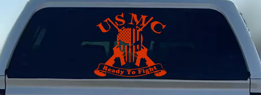 USMC United States Marine Corps Ready To Fight Punisher Skull US Flag Crossed AR15 Guns Military Car or Truck Window Decal Sticker (Orange Red)