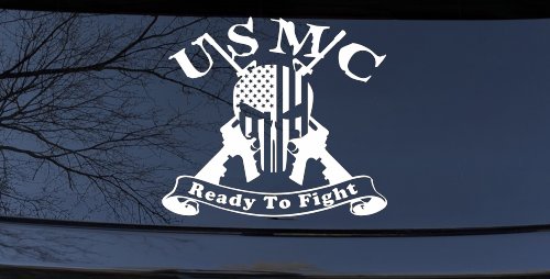 USMC United States Marine Corps Ready To Fight Punisher Skull US Flag Crossed AR15 Guns Military Car or Truck Window Vinyl Decal Sticker (White)