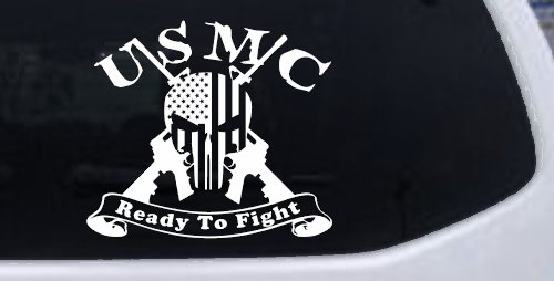 USMC United States Marine Corps Ready To Fight Punisher Skull US Flag Crossed AR15 Guns Military Car or Truck Window Vinyl Decal Sticker (White)