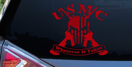 USMC United States Marine Corps Whatever It Takes Punisher Skull US Flag Crossed AR15 Guns Military Car or Truck Window Decal Sticker (Red)