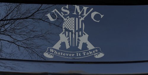 USMC United States Marine Corps Whatever It Takes Punisher Skull US Flag Crossed AR15 Guns Military Car or Truck Window Vinyl Decal Sticker (Telegrey)