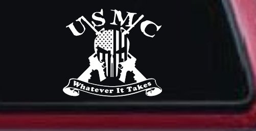 USMC United States Marine Corps Whatever It Takes Punisher Skull US Flag Crossed AR15 Guns Military Car or Truck Window Vinyl Decal Sticker (White)