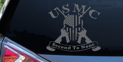 USMC United States Marine Corps Second To None Punisher Skull US Flag Crossed AR15 Guns Military Car or Truck Window Decal Sticker (Silver)