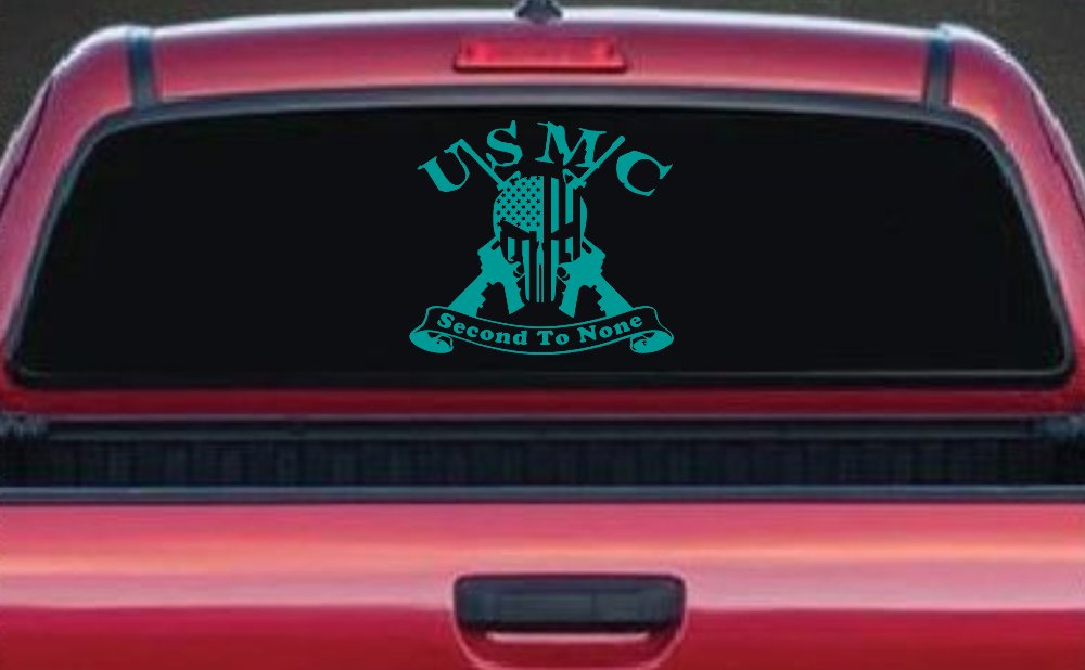 USMC United States Marine Corps Second To None Punisher Skull US Flag Crossed AR15 Guns Military Car or Truck Window Decal Sticker (Turquoise)